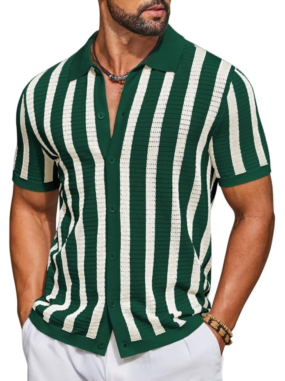 Men's Green & Beig Knit Short Sleeve Button Down Polo Striped Casual Shirt